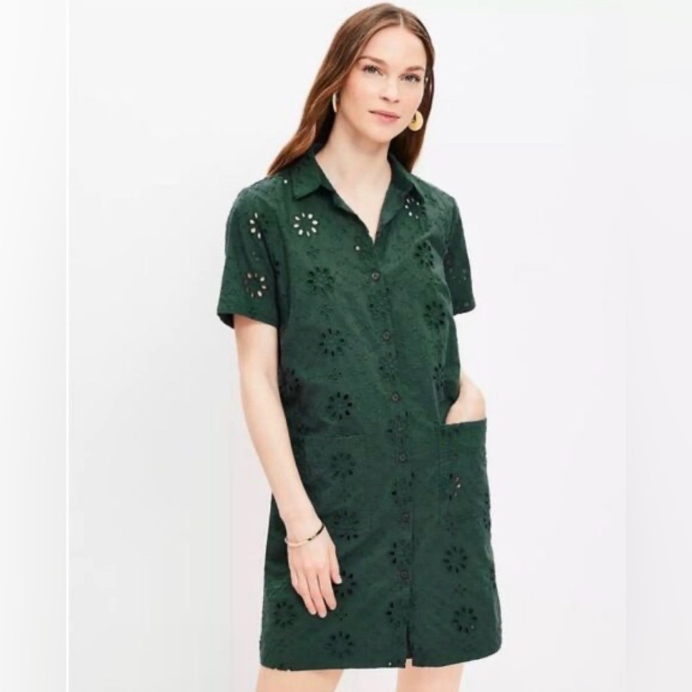 LOFT Dark Green Eyelet Shirt Dress